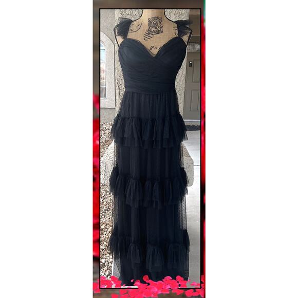 Lulus Black Mesh Swiss Dot Tiered Pure Radiance Maxi Dress Size L - Picture 3 of 12